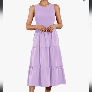 Sleeveless Smocked Full Skirt w/ Pockets Purple Midi Dress